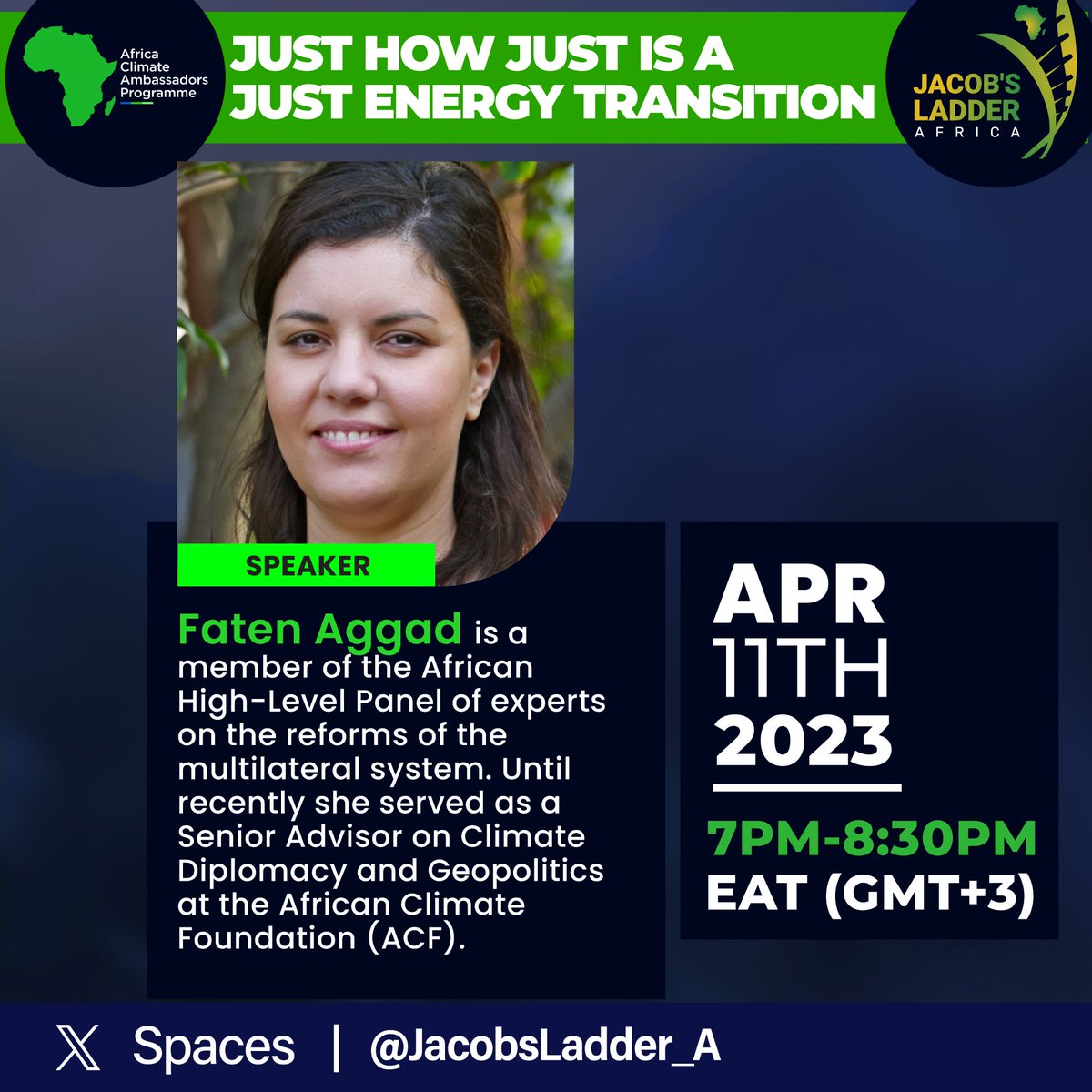 Don't miss out on our first ACAP X SPACE of the year happening today @JacobsLadder_A from 7:00 pm to 8:30 pm EAT on 'Just How Just Is a Just Energy Transition' Faten Aggad, @fatenaggad will be a panelist during this session. Set a reminder now:twitter.com/i/spaces/1MYxN…