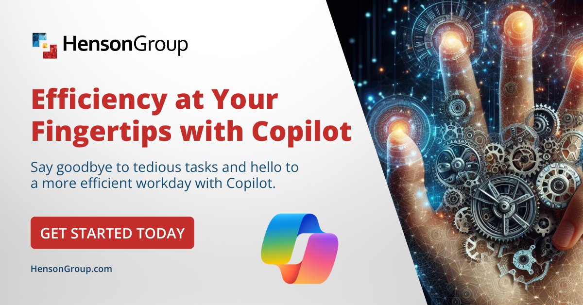 Wave goodbye to repetitive tasks and embrace a more productive workday with Copilot. 

Ready to leave the repetitive tasks behind? Copilot is here to help, and Henson Group can get you started!  Learn more at hubs.la/Q02sxxCL0  🚀 

#Microsoftcopilot #Hensongroup #Copilot