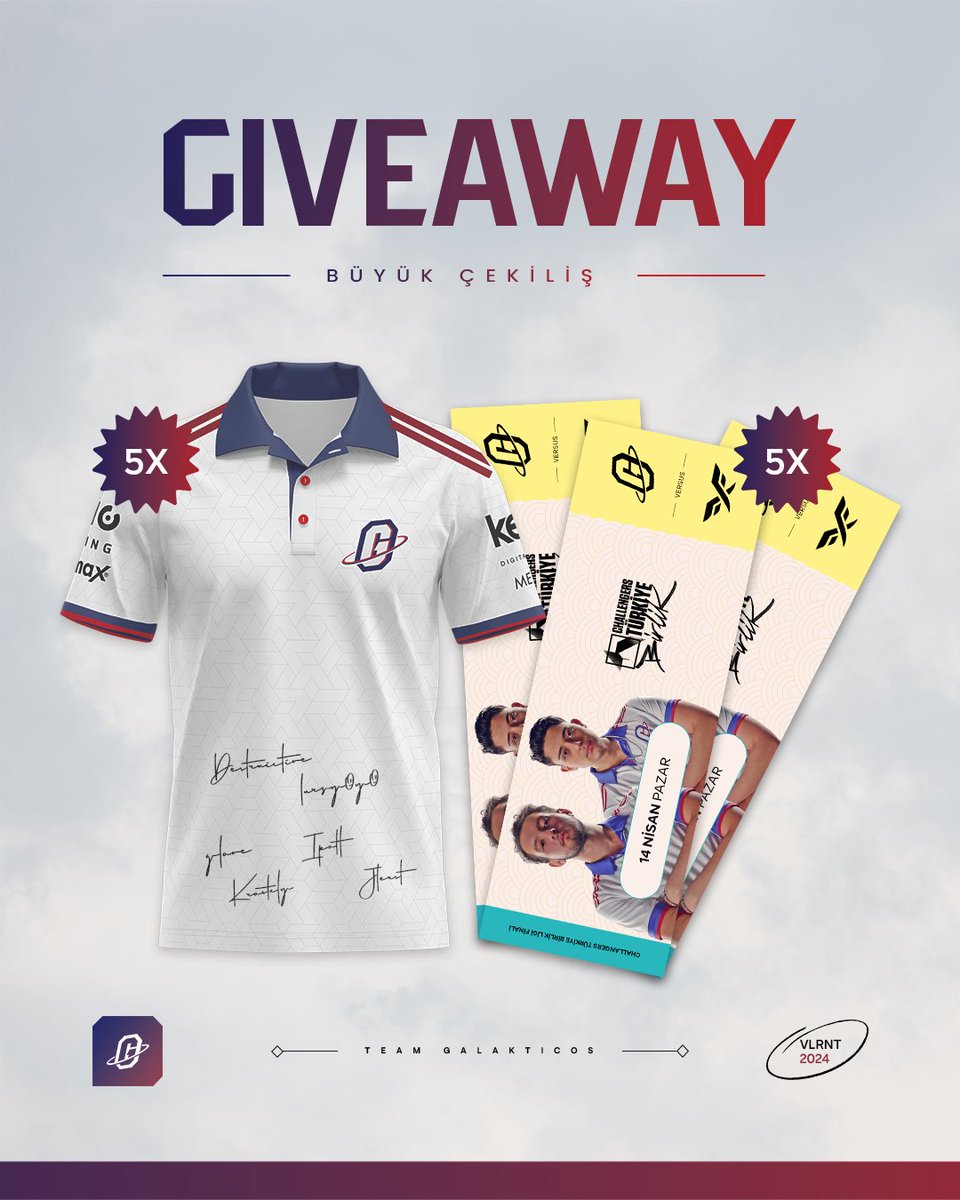 🎁 Challengers TR: Birlik Split 1’de Final’e kalmamızın şerefine 5 kişiye imzalı forma ve 5 kişiye final bileti hediye! 

Kazanabilmek için:
🔹 <a href="/TeamGalakticos/">AHL Pay Galakticos</a>’u takip etmek. 
🔹 Bu tweeti yeniden paylaşmak ve beğenmek. 

Sonuçlar 13 Nisan’da açıklanacak, herkese bol şans! 💜