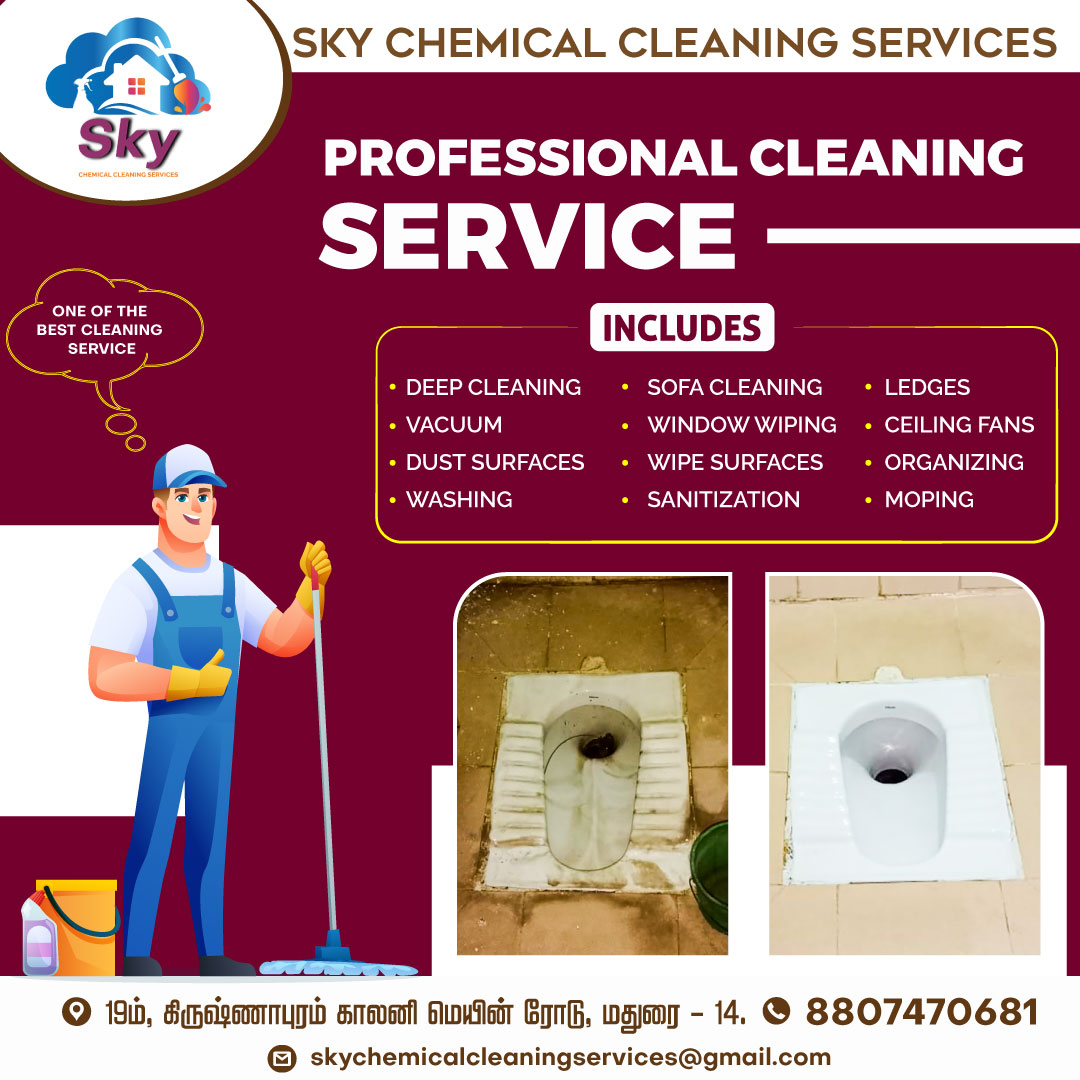 Professional Cleaning Service - Sky Chemical Cleaning Service - Madurai #watertank #kitchentiles #tiles #marbles #toilet #bathroom #electrical #plumbing #paintingworks #cleaning #service #home #hospital #mahal #factory #affordableprice #tamilnadu #vacumming #bestservice #madurai