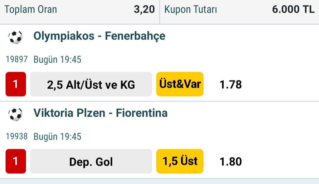 Etkileşim umrumda değil. Oranlar düşmeden paylaşıyorum. Takip eden ve etkileşim yapan kendi kazanır kuponum kazanırsa gerekeni yapan da ikramı alır. İkram vermek için zorlamaya gerek yok sevgiler 😎

DerinBets