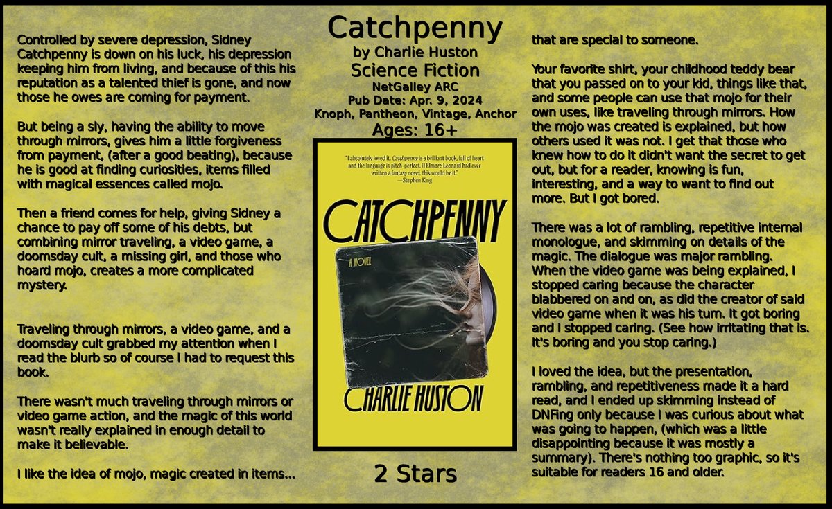 Catchpenny by Charlie Huston #sciencefiction @NetGalley ARC Pub Date: Apr. 9, 2024 Knoph, Pantheon, Vintage, Anchor Ages: 16+ 2 Stars #Catchpenny #BookTwitter #bookblogger #bookworm #BookBlogging #bookreviews #ilovebooks #bookaddict #NetGalley