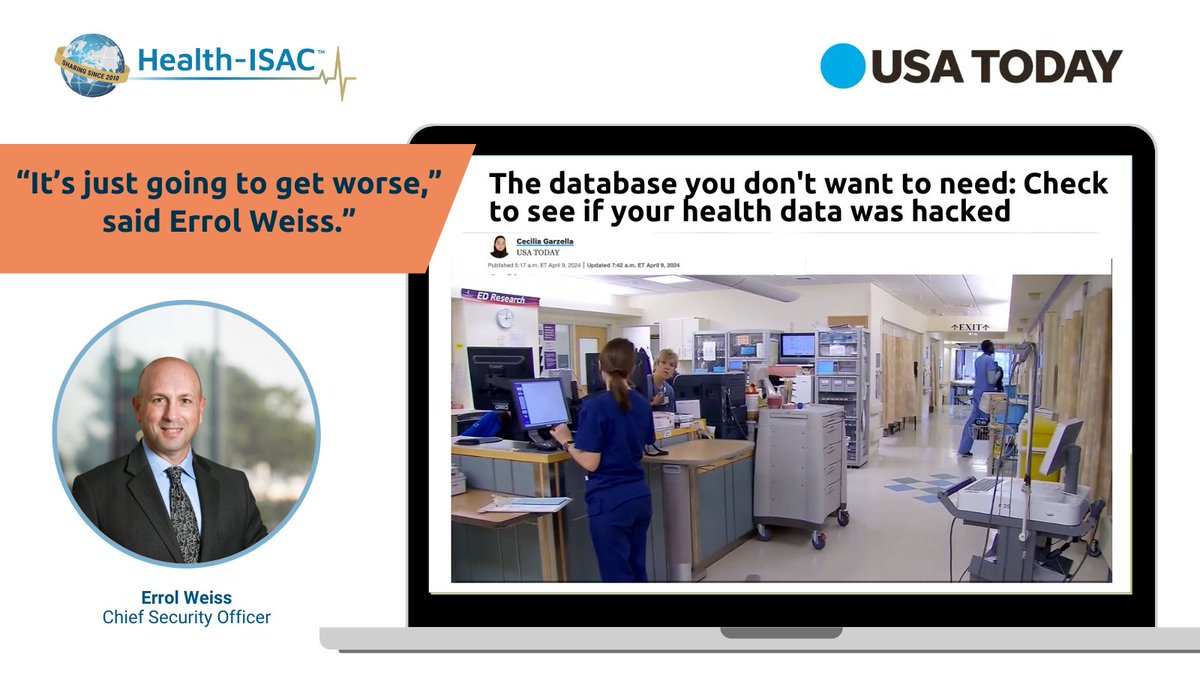 Cyberattacks on hospitals disrupt patient care & pose risks to #patientsafety. Surgeries are canceled or rescheduled. Patients and ambulances get diverted. “It’s just going to get worse,” said Errol Weiss, chief security officer at Health-ISAC. h-isac.org/the-database-y… #healthit