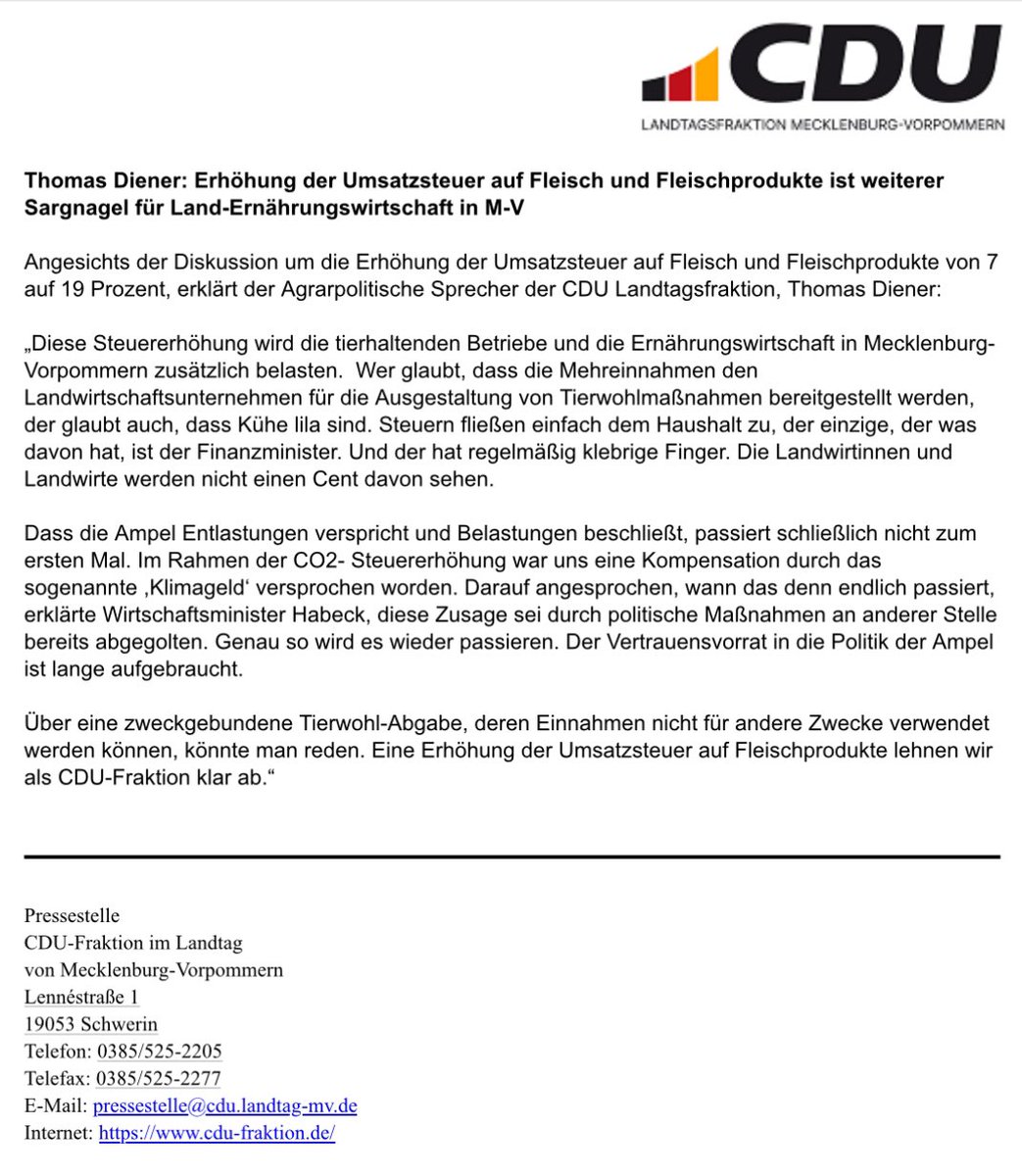 thomasdiener's tweet photo. #fleisch #cdu #cdumv #cdufraktionmv #mv #ländlicherraum #wirdnichtbesser #rücktrittözdemir #tierhaltung #landwirtschaft #steuern https://t.co/ob2ESkKrIW