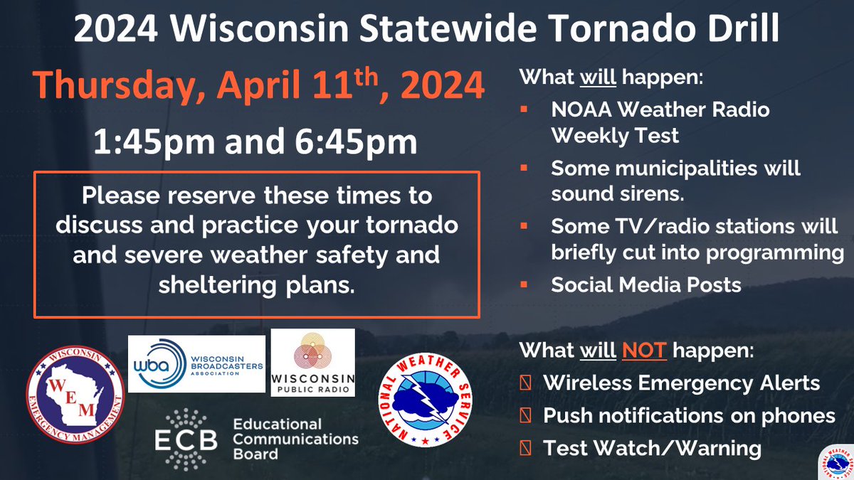 The Wisconsin Statewide Tornado Drill is officially ON for today at 1:45pm and 6:45pm. There will be some dark skies, rain and possibly a few thunderstorms, but we're not expecting any severe level storms. Take some time today to practice your tornado safety plans. #wiwx