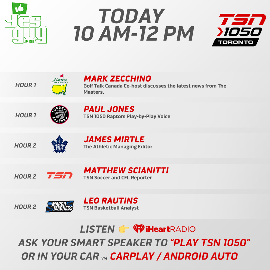 Coming up on the next edition of #YesGuy, @jimtatti will be joined by @ZeeManGolf, @Paul__Jones, @mirtle, @TSNScianitti and @LeoRautins! Listen from 10am-12pm on your home speakers, @TSN_Sports App, @iHeartRadioCA App or player.toronto.tsn.ca!