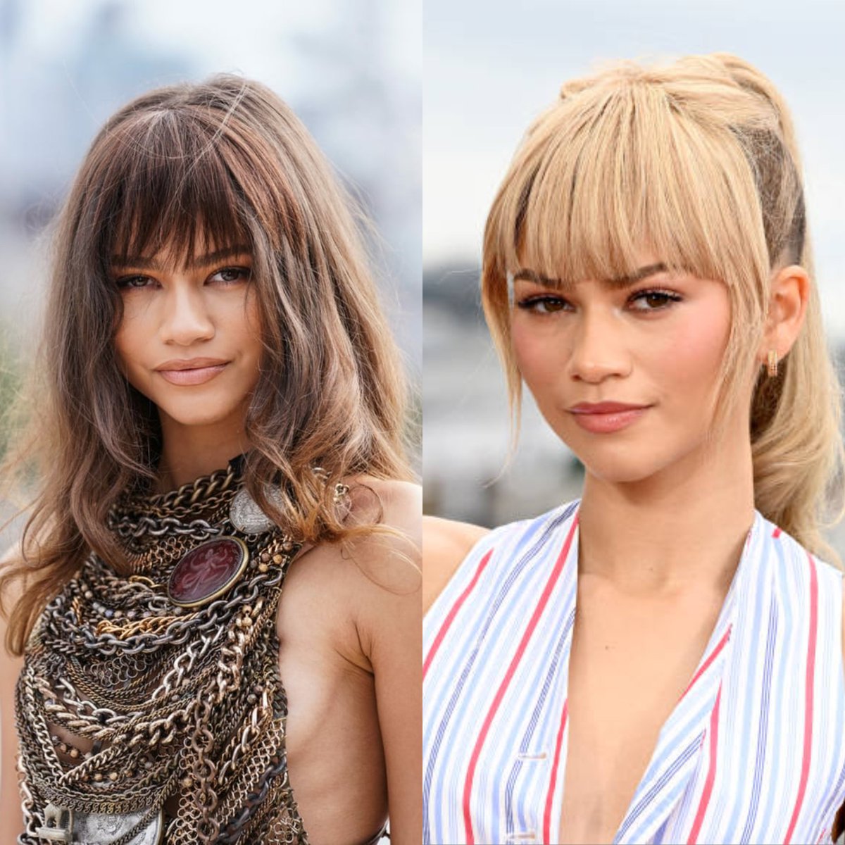 zendaya with bangs during dune part one london photocall and challengers london photocall <3