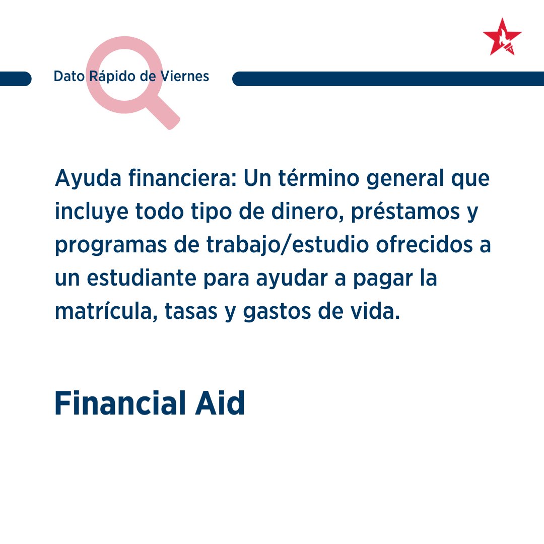¡Es #FastFactFriday! 

Ayuda financiera: término general que incluye todo tipo de dinero, préstamos y programas de trabajo/estudio que se ofrecen a un estudiante para ayudar a pagar la matrícula, las cuotas y los gastos de manutención. #StudyWithUS #EduCEVAC