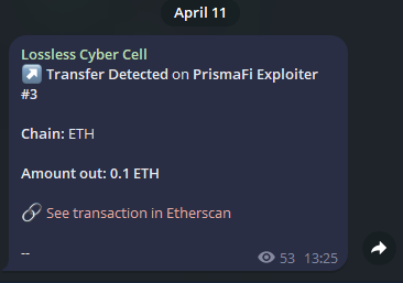 It has been more than a week since the PrismaFi hack, and there is still movement of funds. Even when the amounts are small #Aegis is always vigilant to track each move, and help the community track down related hacker wallets. Don't let your guard down 🛡️