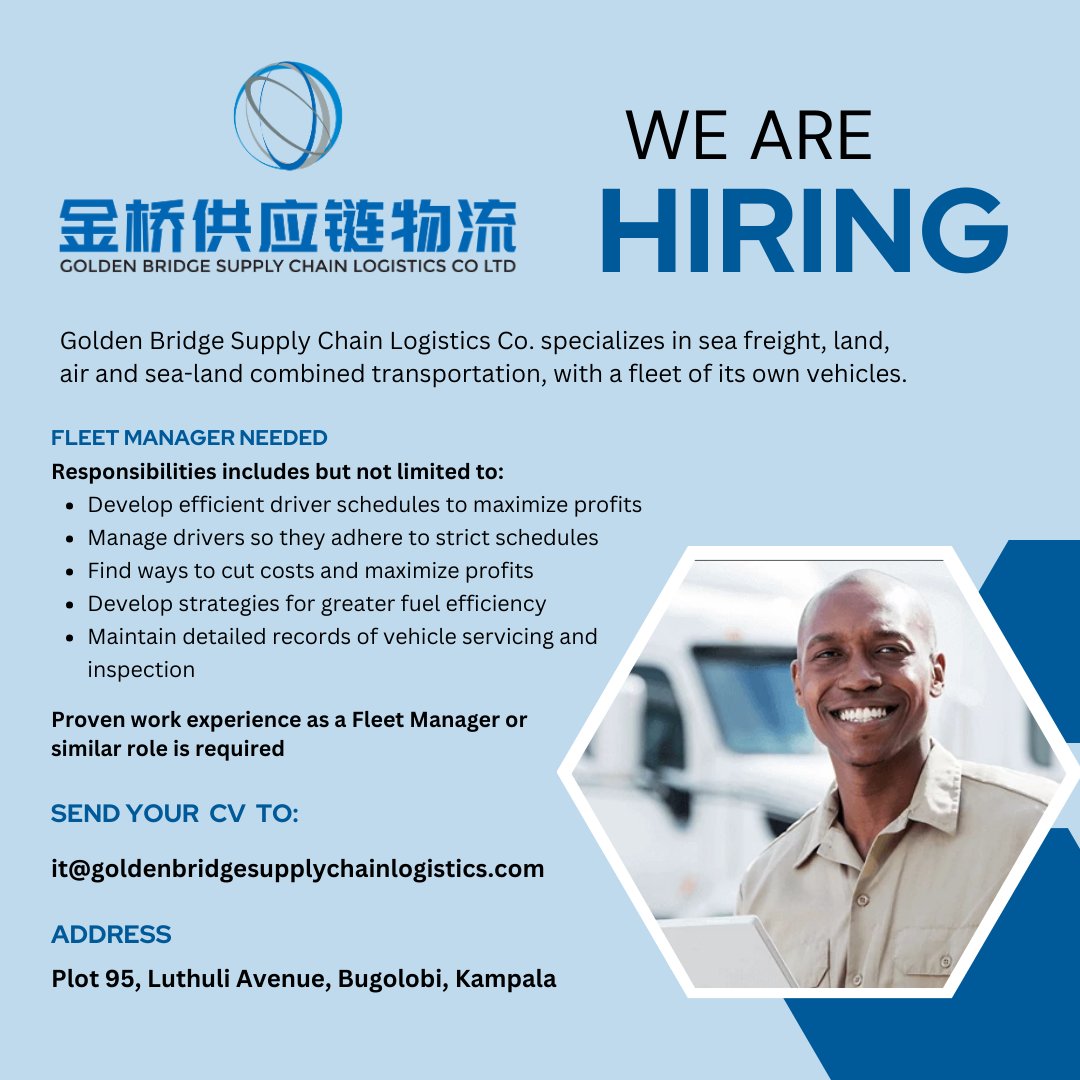 Looking for a competent and experienced Fleet manager.

Proven work experience REQUIRED.

Send your CV to it@goldenbridgesupplychainlogistics.com

CLOSING DATE: 28th April, 2024.
.
.
.
#fleetmanagement #fleetmanagement #fleetmanager #fleetmanagers #fleetmanagers #fleetmanagment