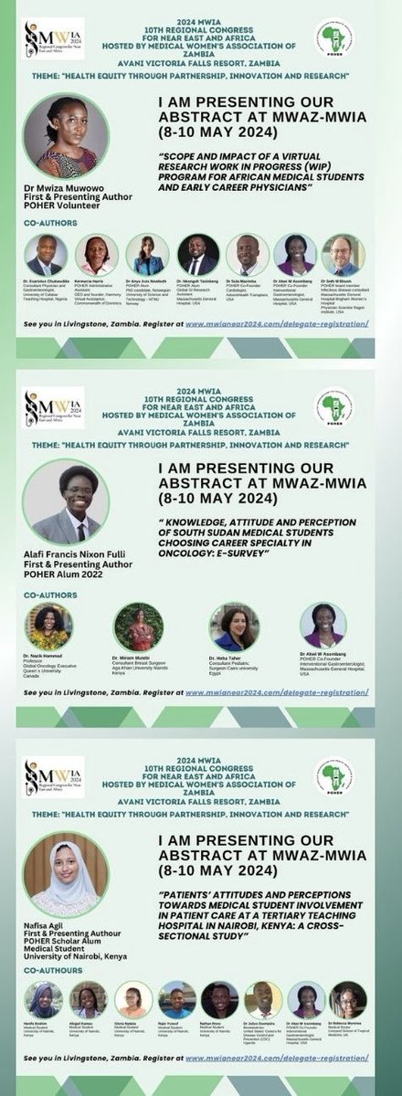 #MenteeSpotlight CONGRATULATIONS @POHER_NGO mentees @NikieFrank @agil_nafisa Dr Muwowo & team: abstracts accepted for presentation @MWAZ_Zambia -Medical Women's International Association (MWIA) conference in Zambia May 8th -10th, 2024! Registration: mwianear2024.com