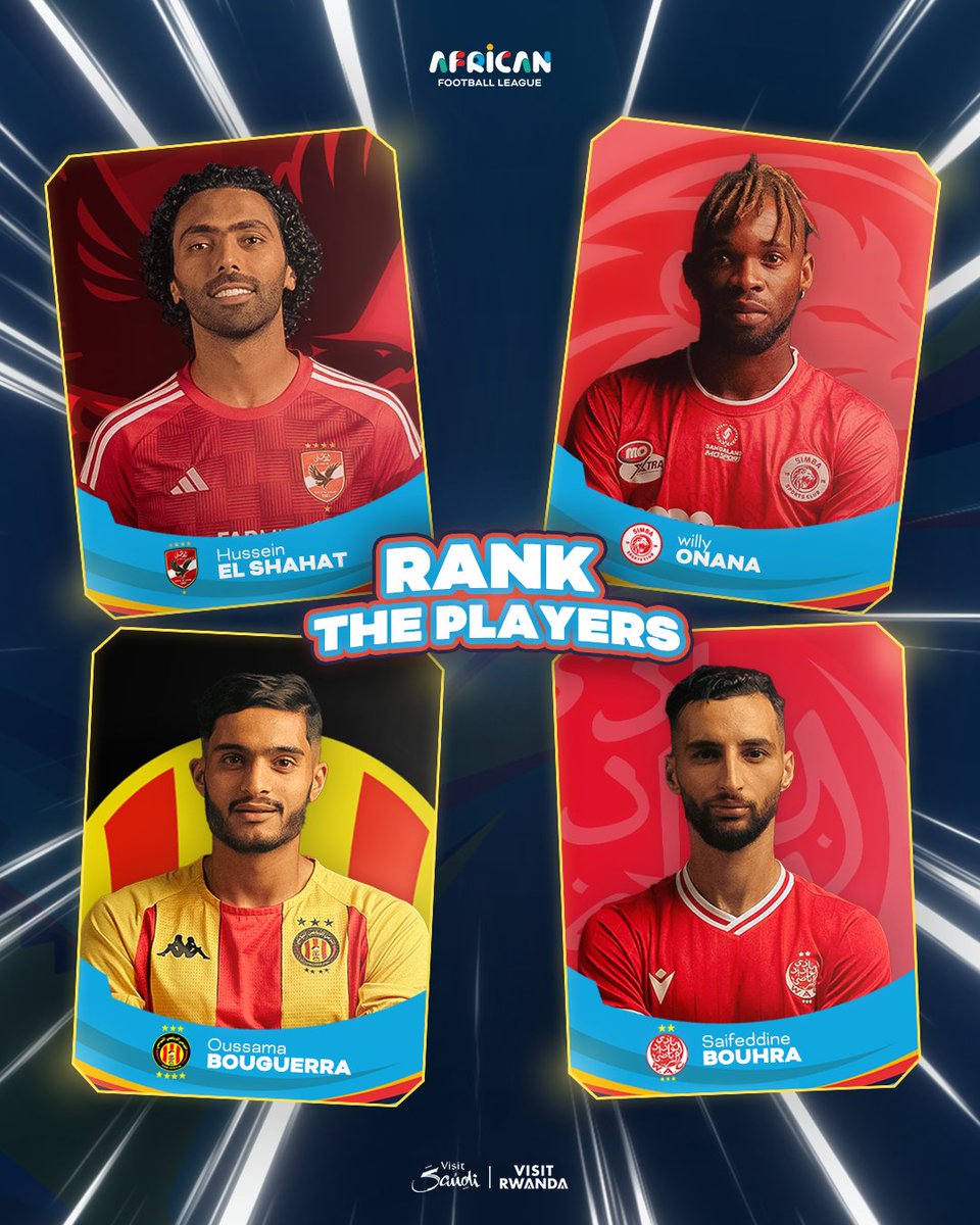 ◼️ Hussein El shahat 🦅 ◼️ Willy Onana 🦁 ◼️ Oussama Bouguerra 🇧🇪 ◼️ Saifeddine Bouhra 🔴⚪️ Rank Them 🤔 #AFL | #CAF | #FIFA