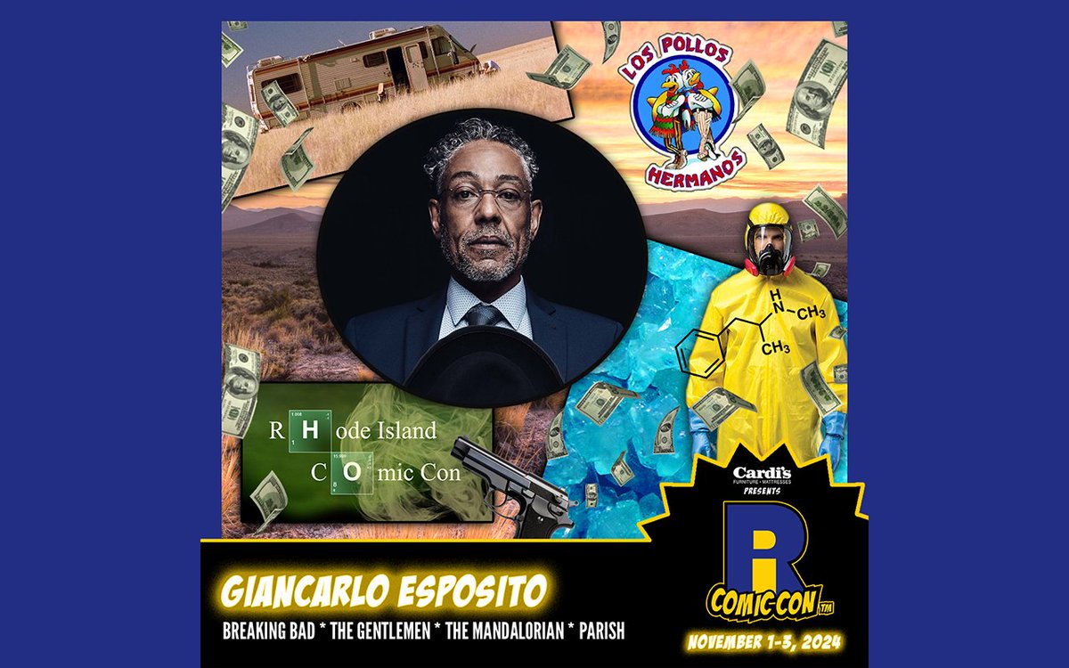 Please welcome our final #BreakingBad guest @quiethandfilms to #RICC2024! Giancarlo Esposito is best known for portraying Gus Fring in Breaking Bad and its prequel Better Call Saul. We also know him as Stan Edgar in The Boys and Moff Gideon in The #Mandalorian. Buy tickets now!