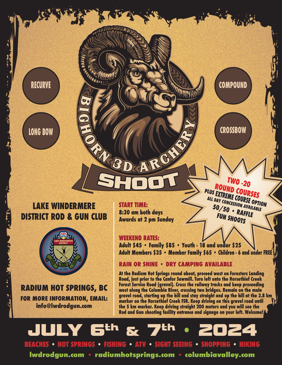 KootenayA's tweet photo. Mark your calendars and come join us at the Radium Bighorn 3D shoot July 6th & 7th. Bring your family and make it part of your family vacation!
#archeryfun #3dnation #archeryshoot #getoutside https://t.co/cXTVXL1uWM