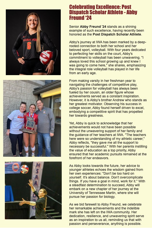 IWA_Athletics (@athletics_iwa) on Twitter photo Celebrating Excellence
Post-Dispatch Athlete
Abby Freund '24
<a href="/IWAVolleyball/">IWAVolleyball</a>
WE R PROUD of YOU ❤️💛 Celebrating Excellence
Post-Dispatch Athlete
Abby Freund '24
<a href="/IWAVolleyball/">IWAVolleyball</a>
WE R PROUD of YOU ❤️💛
