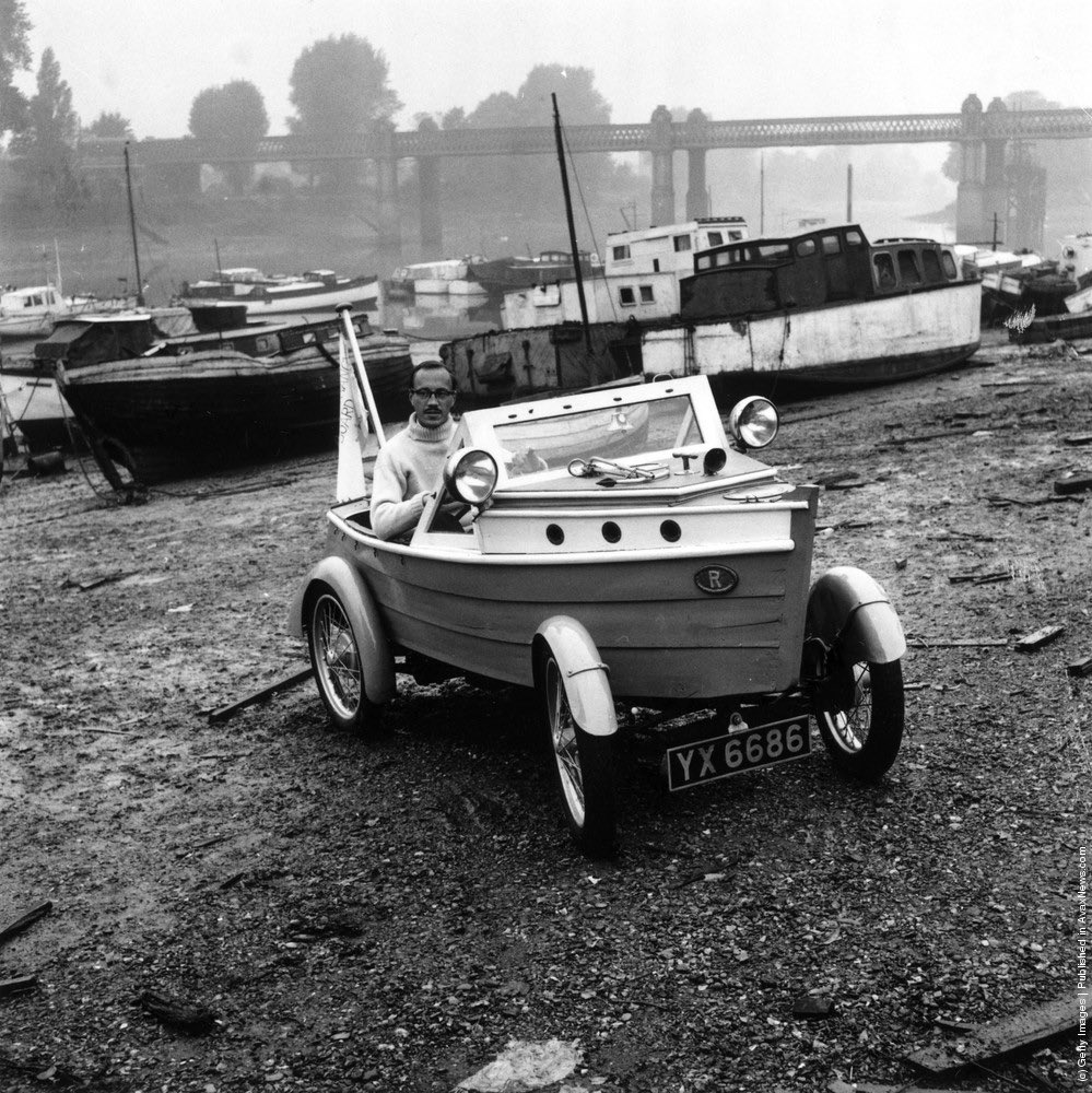 Clive Talbot Of Chiswick, London, in his car built with the body of a boat. 1959.