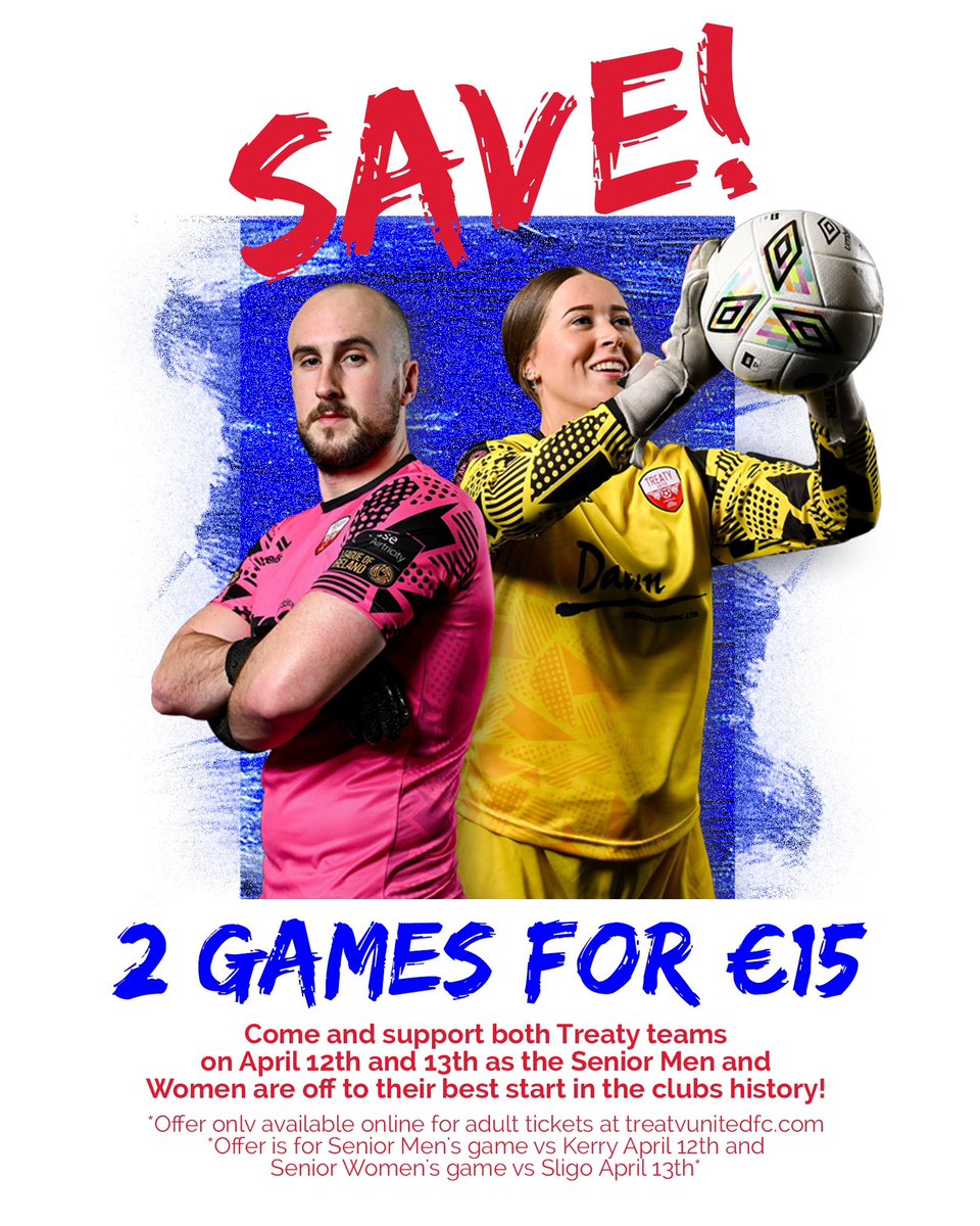 2️⃣ 𝗠𝗮𝘁𝗰𝗵 𝗧𝗶𝗰𝗸𝗲𝘁! Watch Treaty United's Senior Men take on Kerry on Friday, followed by our Senior Women's clash with Sligo Rovers on Saturday for just €15! 😍 Huge savings for a huge weekend of Treaty action at the Markets Field! 🎟️ - TreatyUnitedFC.com/tickets