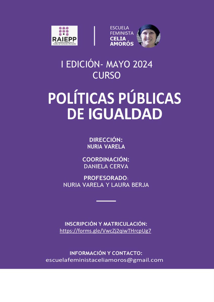 No os perdáis este curso sobre Políticas Públicas de Igualdad que dirige Nuria Varela. Inscripción y matriculación aquí: forms.gle/VwcZj2qiwTHrcp…