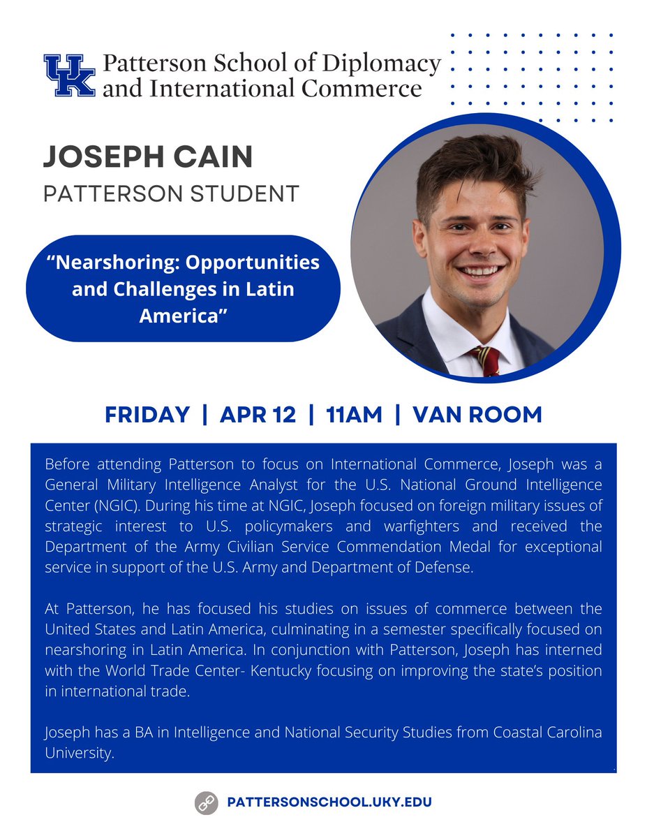 Tomorrow we have our very own Joseph Cain joining our Friday Talk series! He will be giving an overview of his experience working as an intelligence analyst and how that has informed his research at Patterson, with a specific focus on Latin America.