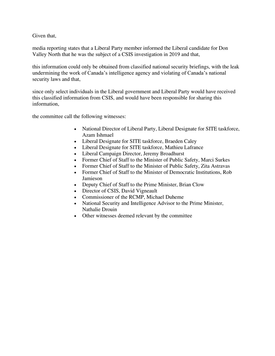 BREAKING A Liberal Party member informed a Liberal candidate and now MP that Canada's spy agency was monitoring him. Only Trudeau's top officials would have access to this information. Has Justin Trudeau referred the matter to the RCMP? Motion to investigate. 👇