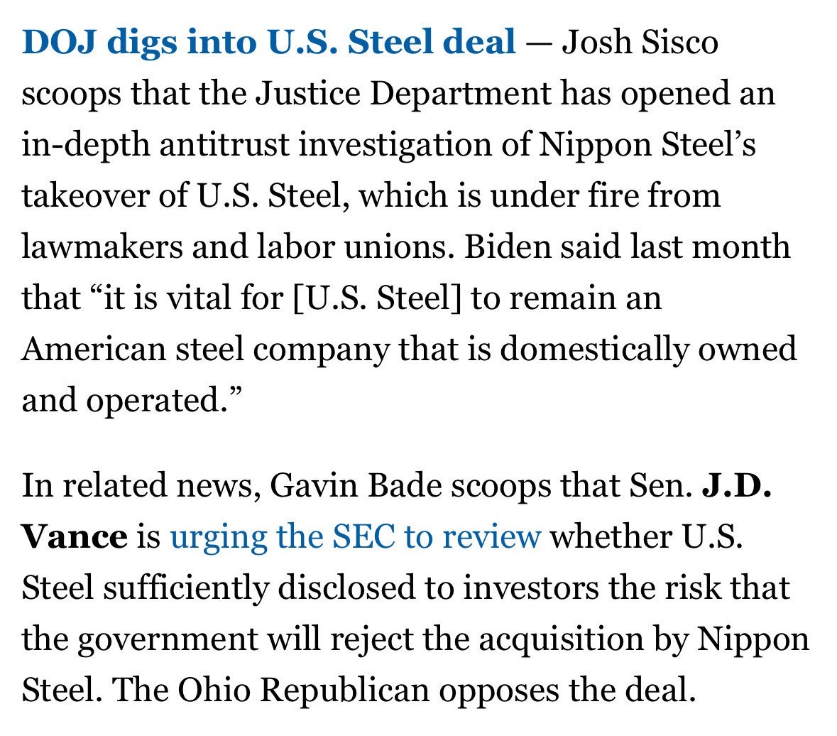 📩NEW: @JDVance1 letter alleges U.S. Steel misled shareholders ahead of vote on Nippon deal 'Securities laws protect shareholders’ ability to make informed voting decisions by ensuring that proxy materials provide adequate information and do not mislead or deceive shareholders.'