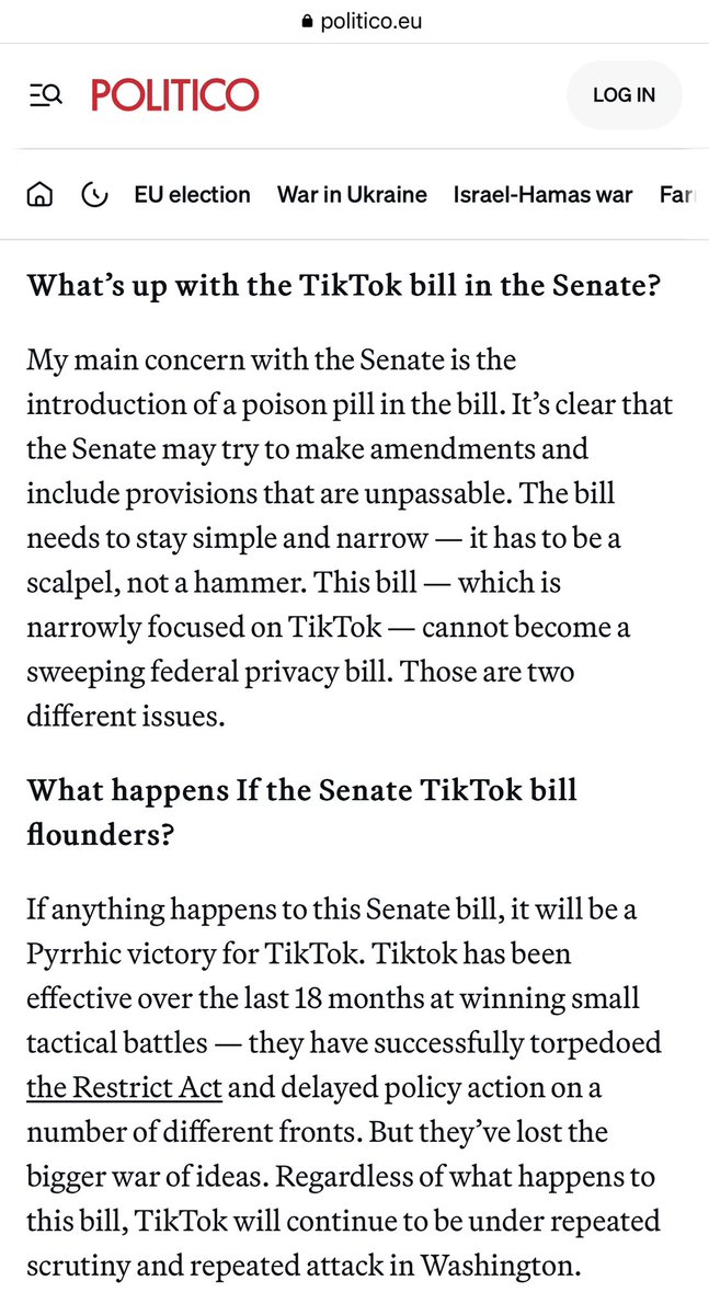 Turning the TikTok Bill into a sweeping privacy law is a poison pill designed to kill the bill. Everyone sees through that. We need a scalpel, pass the bipartisan @HouseGOP bill. It’s overwhelmingly popular. As Nancy said: “Tic-Tac-Toe, a Winner.” For the record: I support a…