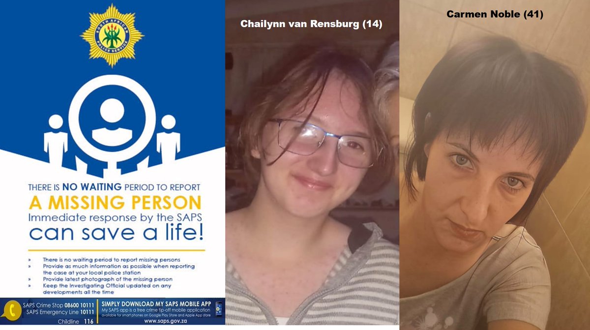 RT #sapsNW #SAPS Potchefstroom seek public assistance in locating #missing 14yr-old Chailynn van Rensburg and her mother, Carmen Noble (41), from Jeugd Street, Potchefstroom. According to information received Chailynn’s father, who was working overseas, arrived back home in…