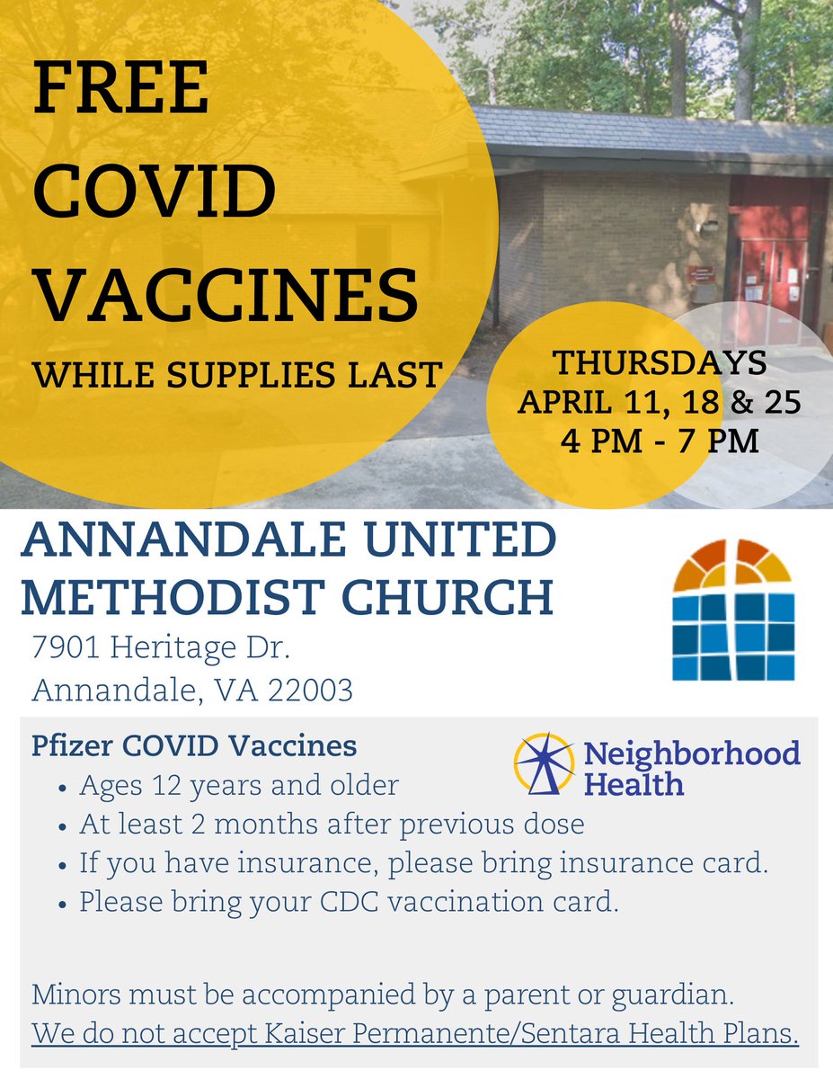 FREE COVID Vaccines TODAY April 11, 3 - 7 pm
Annandale United Methodist Church
#GetVaccinated #fairfaxcountyva #annandaleva