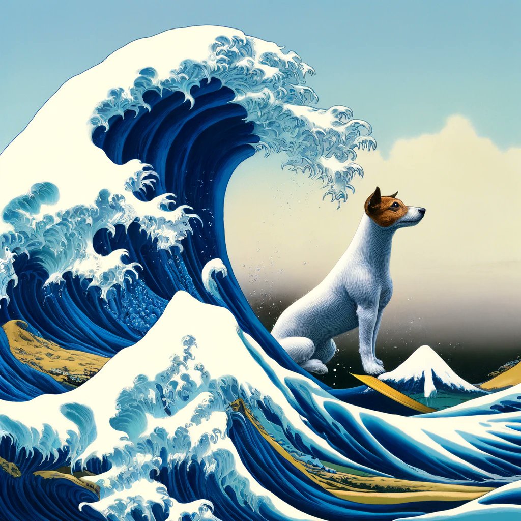Hokusai's iconic 'Great Wave' now features a surfing Jack Russell Terrier! The brave pup rides the crest, adding a whimsical twist to this masterpiece. 🌊🐶 #JackRussellTerrier #JackRussell