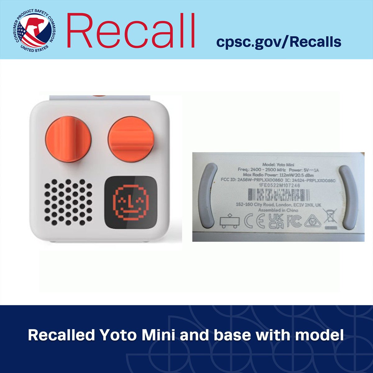#RECALL: 250k Yoto mini speakers for children; The speaker’s lithium-ion battery can overheat and catch fire, posing burn and fire hazards to consumers. Get repair. CONTACT: email: minihelp@yotoplay.com or us.yotoplay.com/minirecall. Full recall notice: cpsc.gov/Recalls/2024/Y…