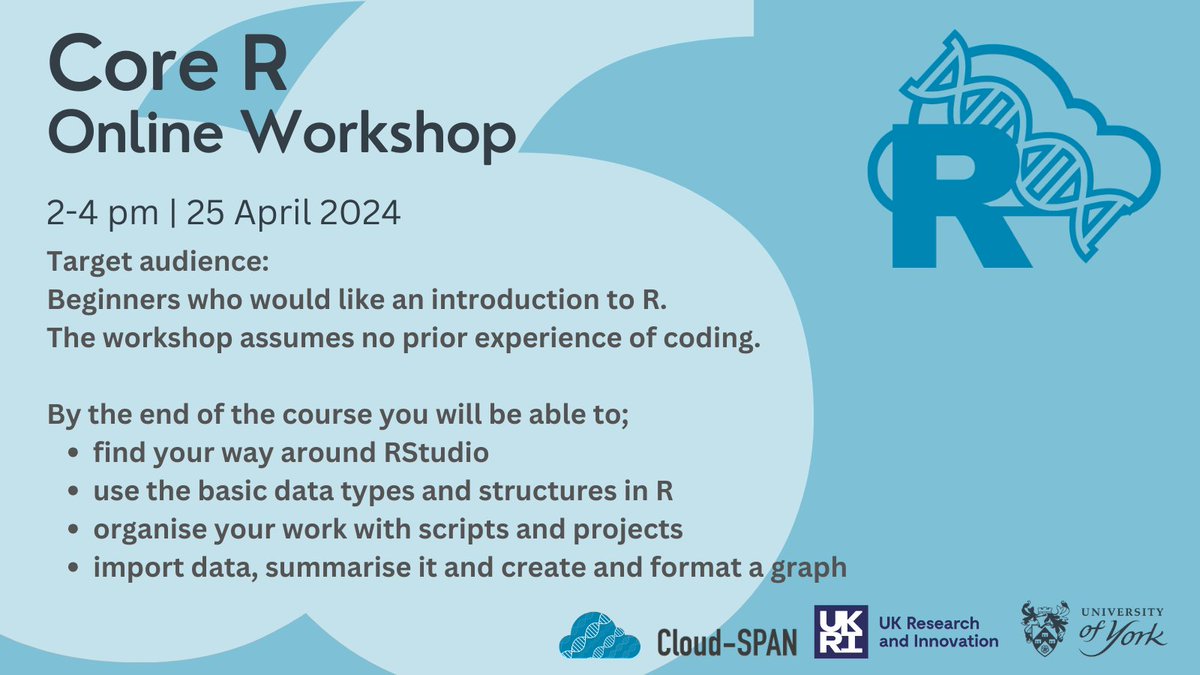 📢Upcoming registration deadline - Monday 15th April Sign up and learn about R and RStudio! No prior experience of coding is needed. Event Details 🗓️Thursday 25th April 2024 ⏰2-4 pm 💻Online 🔆Free View more info and register using the online form cloud-span.york.ac.uk/upcoming/Core%…