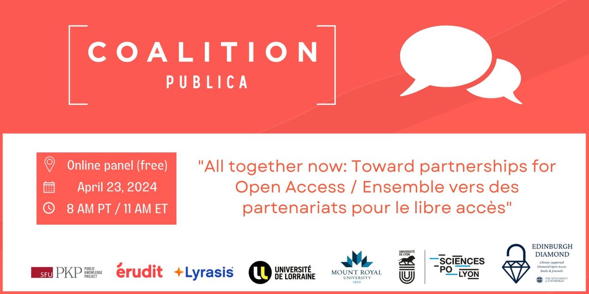 📣 Inscrivez-vous à la table ronde virtuelle «Ensemble vers des partenariats pour le #libreaccès» organisée par #CoalitionPublica (@pkp + @eruditorg). 📆 Mardi 23 avril 2024, 11 h (HAE) 🌐 En virtuel 🎟️ Gratuit, sur inscription Tous les détails : coalition-publi.ca/news-nouvelles…