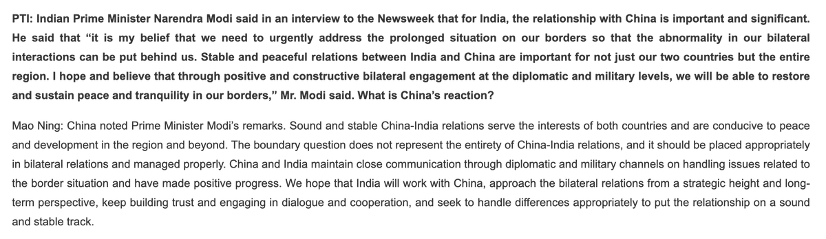 China MFA's response to recent comments on India-China relations by PM Modi.