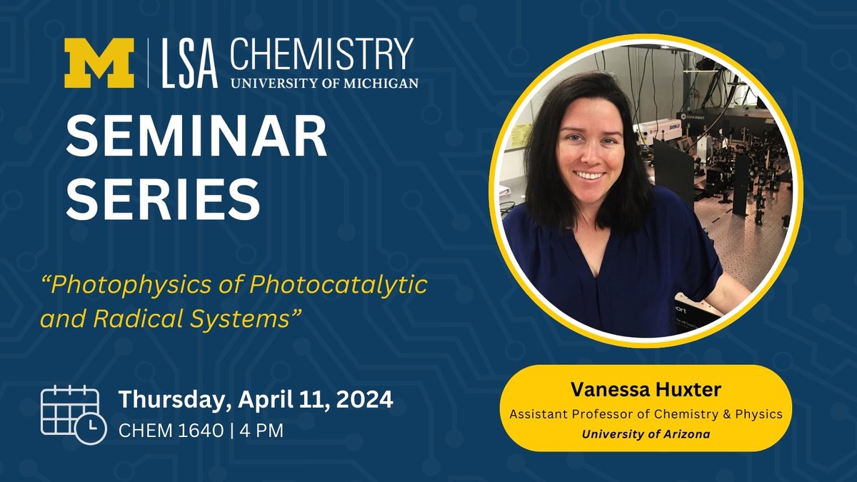 Today's #MichiganChem Seminar Speaker is Vanessa Huxter from University of Arizona. ⏰ When: Today, 4pm 📍 Where: CHEM 1640