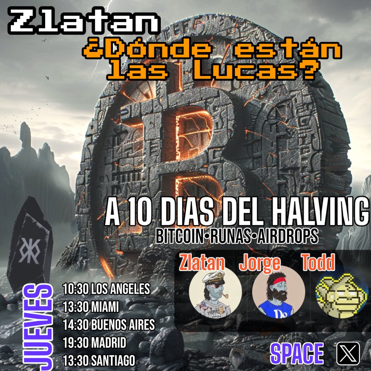 Hoy, en un nuevo capítulo de 

Zlatan :¿Dónde están las lucas?

Junto a <a href="/jorgerosario88/">Jorge Rosario</a>  y <a href="/ToddlerNFT/">T◎dd 🦖</a>  Analizaremos todo lo que viene para:

•#Bitcoin a 10 días del #Halving.
•SEC vs #Uniswap 🦄
•Los problemas de #Solana sin resolver.

…. y mucho más, No te lo pierdas!!