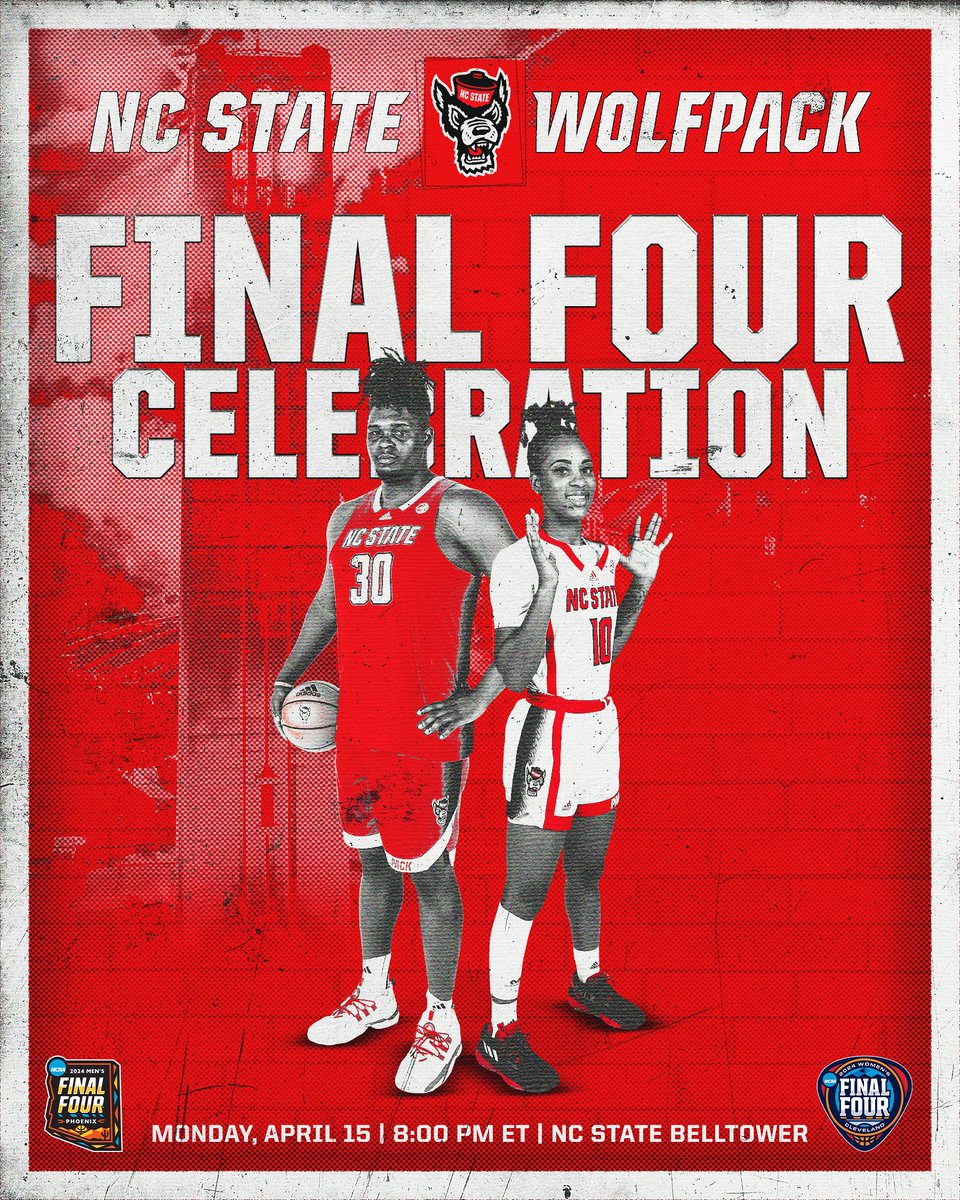 NC State Athletics (@packathletics) on Twitter photo #WPN, it’s time to celebrate‼️
Join us at the NC State Belltower on Monday at 8:00 pm to help celebrate <a href="/PackMensBball/">NC State Men's Basketball</a> and <a href="/PackWomensBball/">NC State WBB 🐺🏀</a>’s incredible run in the postseason 🐺
🔗: bit.ly/3UgS7c4
#GoPack | #StrengthInThePack #WPN, it’s time to celebrate‼️
Join us at the NC State Belltower on Monday at 8:00 pm to help celebrate <a href="/PackMensBball/">NC State Men's Basketball</a> and <a href="/PackWomensBball/">NC State WBB 🐺🏀</a>’s incredible run in the postseason 🐺
🔗: bit.ly/3UgS7c4
#GoPack | #StrengthInThePack
