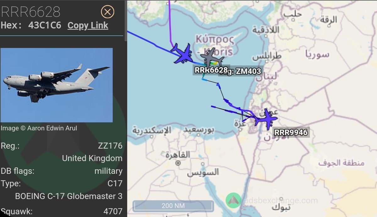 3 RAF transports around eastern Med. 🇬🇧 RRR9946 is A400M ZM412 #43C5E6 🇬🇧 A400M ZM403 #43C5DD 🇬🇧 RRR6628 is C-17 ZZ176 #43C1C6