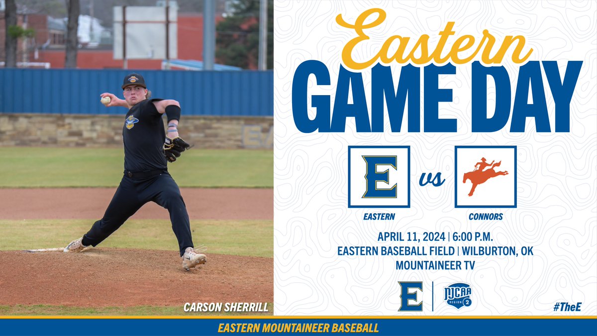 Rivalry Game Day! Eastern takes on Connors at home under the lights! Come out and support! #TheE #NJCAABSB ⚾️ vs. @ConnorsBaseball ⏰ 6:00 P.M. 🏟 Eastern Baseball Field 📍 Wilburton, OK 🖥 eoscathletics.com/mountaineertv