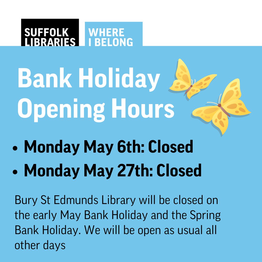 Our library will be closed for the bank holidays in May, but open all other days as usual! 💙💐 #burystedmunds #suffolk #burystedslibrary #burystedmundslibrary #suffolklibraries #ourburystedmunds