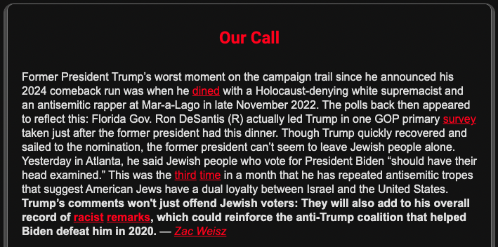 Donald Trump's worst political moment of this cycle was when he dined with a Holocaust-denying white supremacist and an antisemitic rapper in Nov. 2022. If past is prologue, his recent comments about Jewish people will also hurt him politically. My take in today's @njhotline