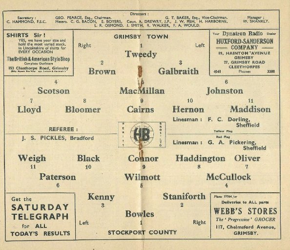 11th April 1952 - Blundell Park's record league crowd of 26,605 sees Grimsby beat Stockport 4-0 with goals from Pat Johnston(pen), James Maddison, Stan Lloyd and Jimmy Bloomer #GTFC Tweedy, Brown, Galbraith, Scotson, MacMillan, Johnston, Lloyd, Bloomer, Cairns, Hernon, Maddison