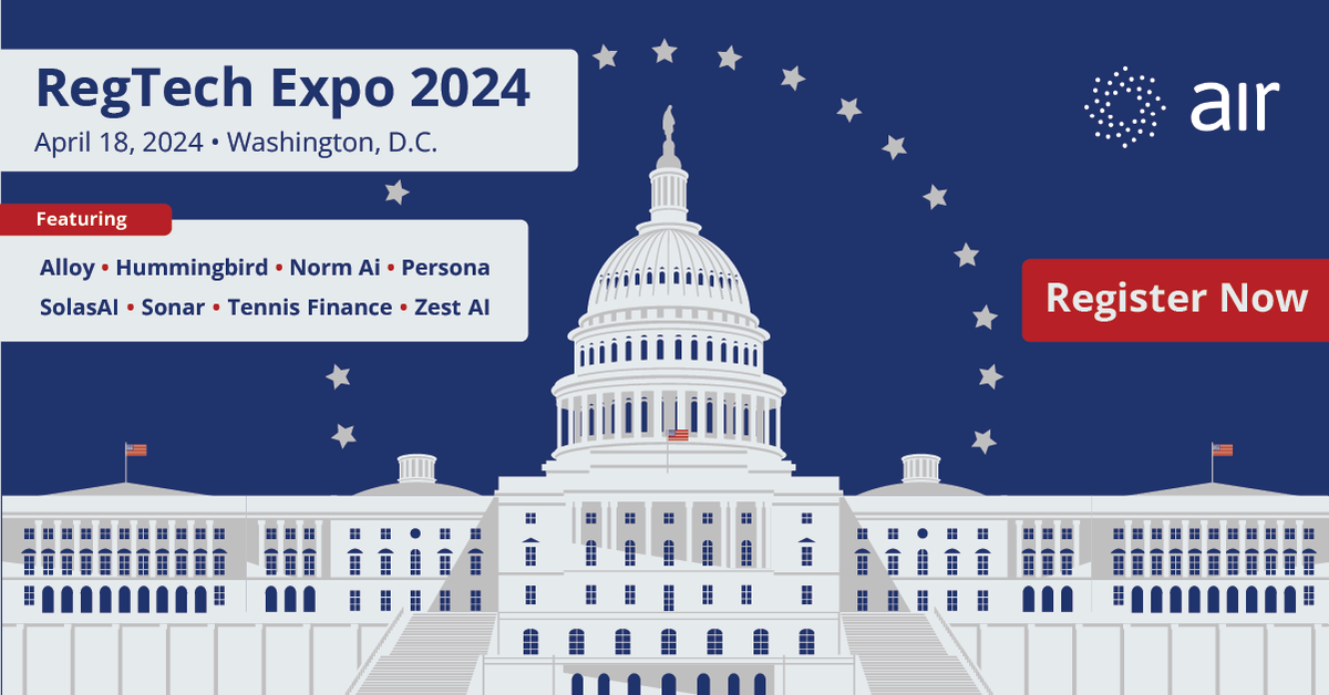 🏦 Join us on Capitol Hill in 1 week for the 2nd annual #RegTechExpo. Free tickets ➡️ eventbrite.com/e/regtech-expo… Featuring: @usealloy @HummingbirdFin @normativeai @Persona_IDV @solas_ai @joinsonarai @tennisfinance @Zest_AI #regtech #ai #finance #regulation #events