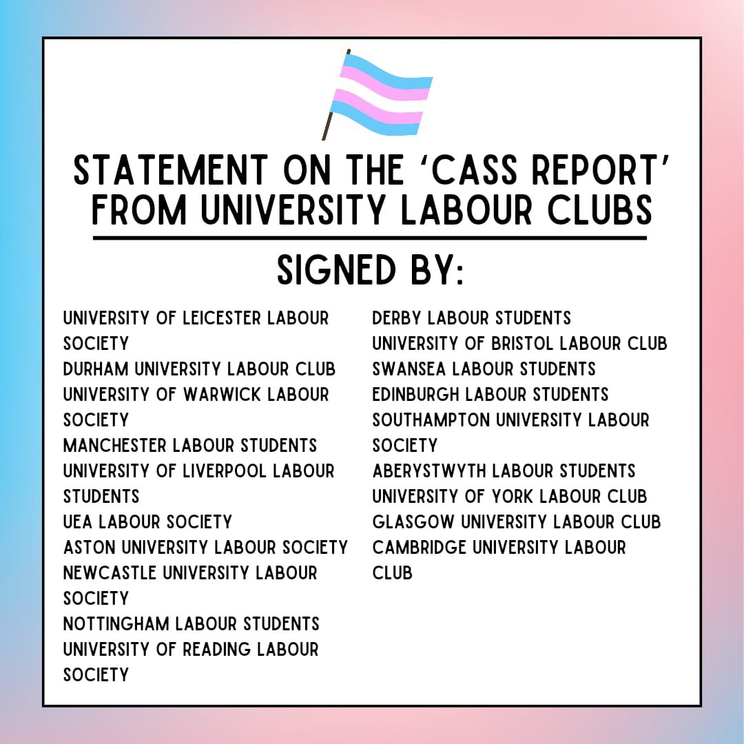 A statement on the Cass Report signed by 19 Labour Student Societies. Solidarity to our trans comrades. Today, tomorrow and always ✊🏳️‍⚧️