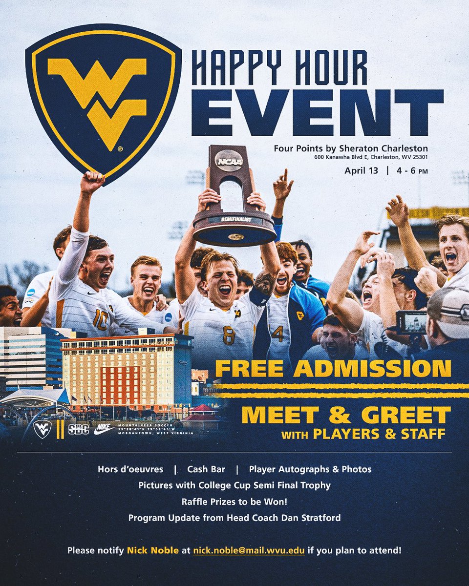 Come meet the players and staff this Saturday in Charleston! Info below ⬇️ And then if you are still around the state capital on Sunday morning, you can watch the Mountaineers take on UC at 11 a.m. at Schoenbaum Stadium! #HailWV