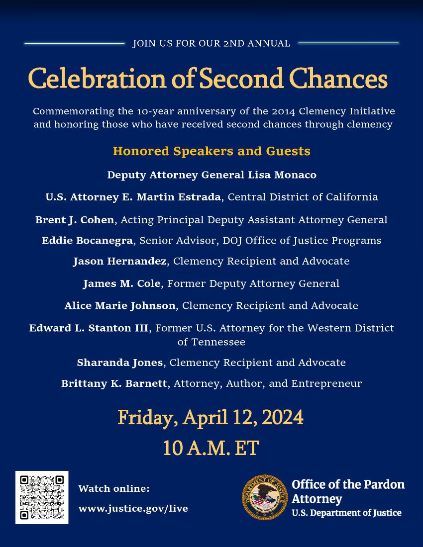 Honored to be a part of @TheJusticeDept Second Chances discussion tomorrow. I’ll take the stage with Edward L. Stanton III, Former U.S. Attorney for the Western District of Tennessee. Tune in to watch online at justice.gov/live.