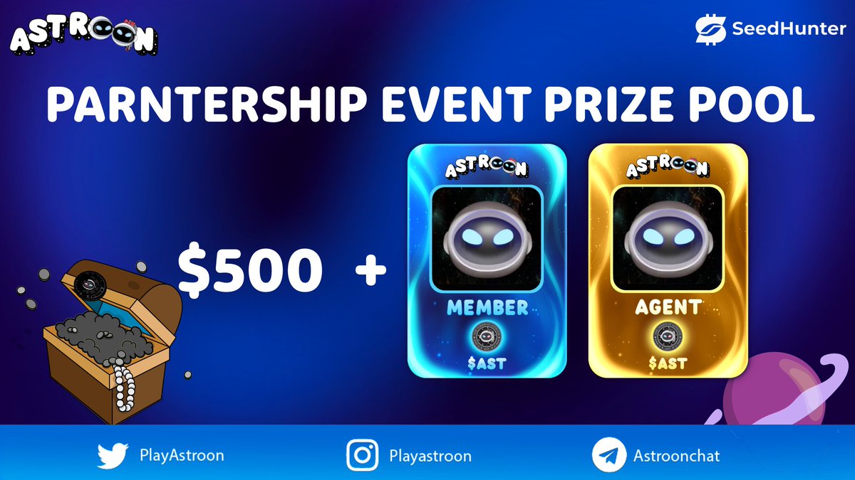 🌌🤝 Astroon x SeedHunter Partnership Event! 🌠✨

Get ready for a cosmic quest with <a href="/PlayAstroon/">ASTROON</a> and <a href="/SeedHunterHQ/">SeedHunter 🌱</a> on QuestN. Aim for the stars and win stellar NFTs and more!

🎁 Prizes on the Horizon:
3 Member NFTs
1 Agent NFT
Plus, a $500 QuestN bounty!

To Join the Space