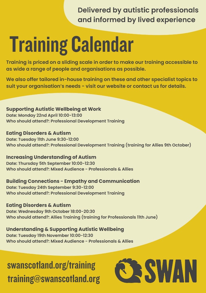 This #AutismAcceptanceMonth why not take positive action by learning more about autistic people and autism inclusion!   
See our training dates or get in touch for info on in-house training  - your attendance will also support our autistic-led charity to continue our work 🦢