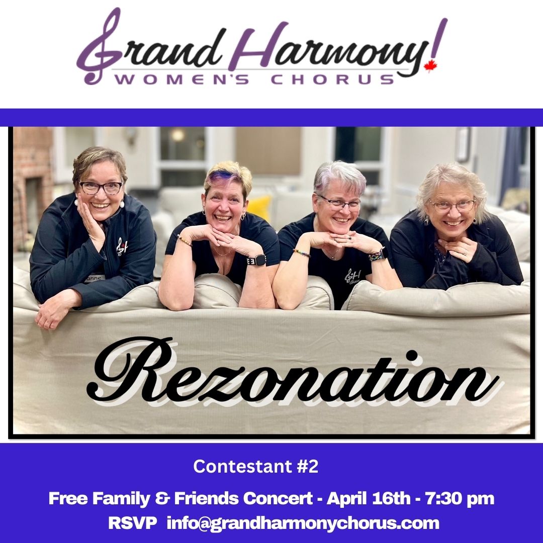 '🎶 Exciting news! Join us for a FREE concert on April 16th at 7:30 pm, featuring the incredible Rezonation Quartet and the enchanting Grand Harmony Chorus sing their competition song packages. Don't miss this evening of a cappella bliss! #FamilyAndFriends