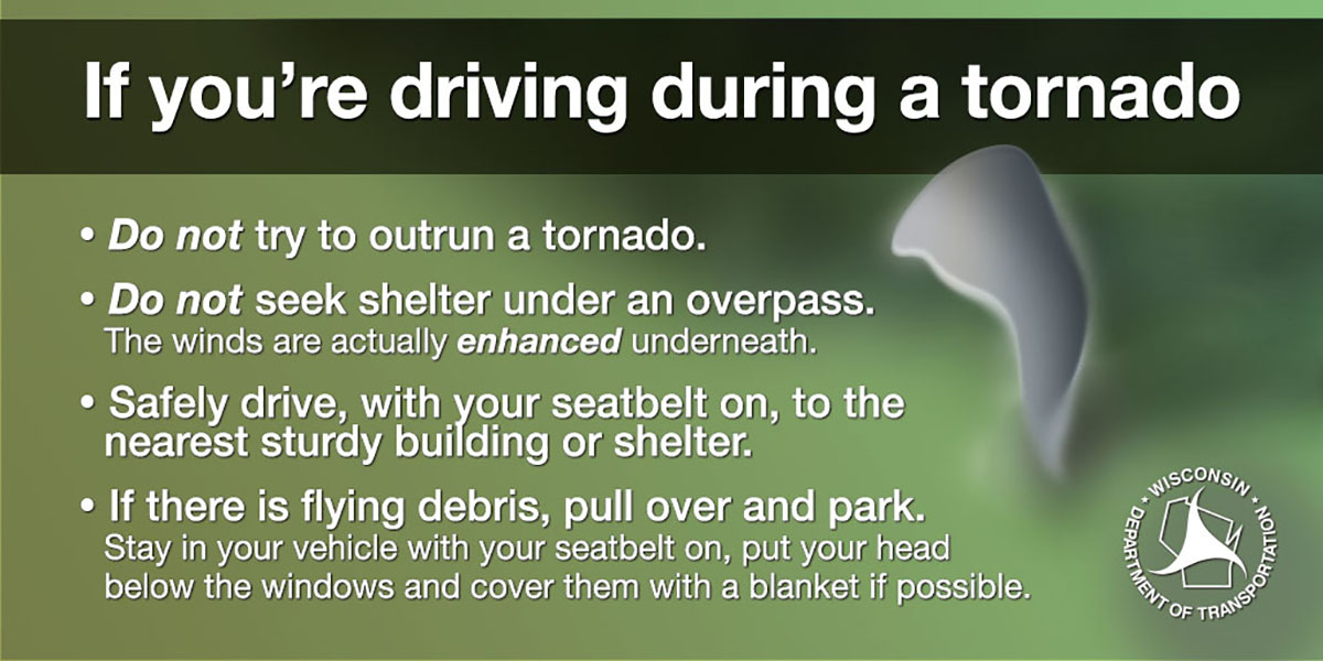 WisconsinDOT's tweet image. DYK? According to the National Weather Service, there were 21 tornadoes that touched down in Wisconsin last year. 

Statewide tornado drills will take place today – it’s a perfect time to learn what to do if you’re on the road near a tornado. #SevereWeatherAwarenessWeek #wiwx