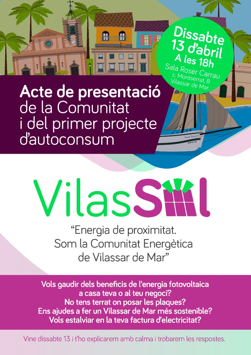 🌻 Aquest dissabte es presenta la Comunitat Energètica de #VilassarDeMar

🔆 Acosteu-vos-hi a conèixer el projecte!

▶️ Més informació a vilassol.cat